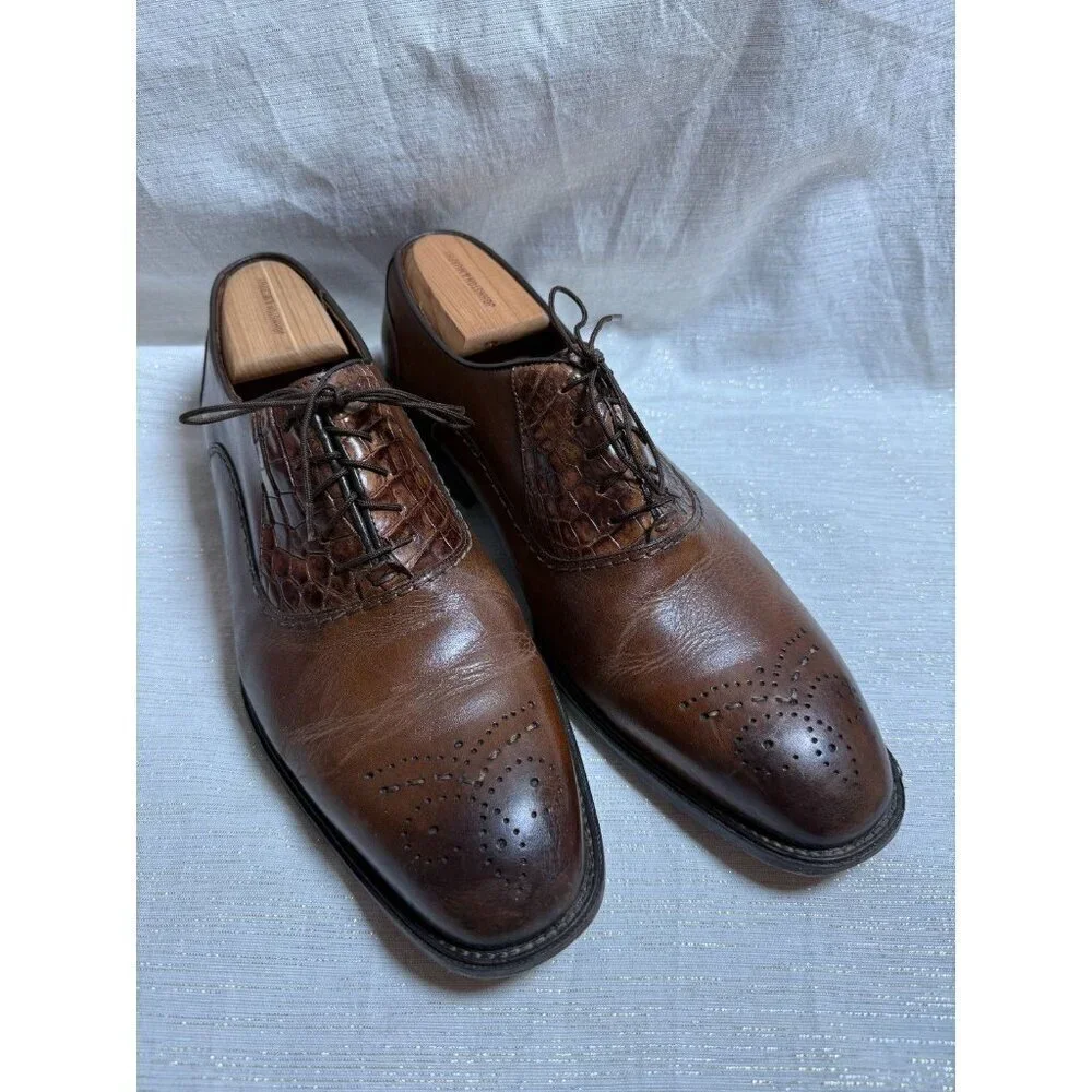 Studio Belvedere Cognac Alligator Print Leather Lace Up Oxfords Shoes Men's 11D